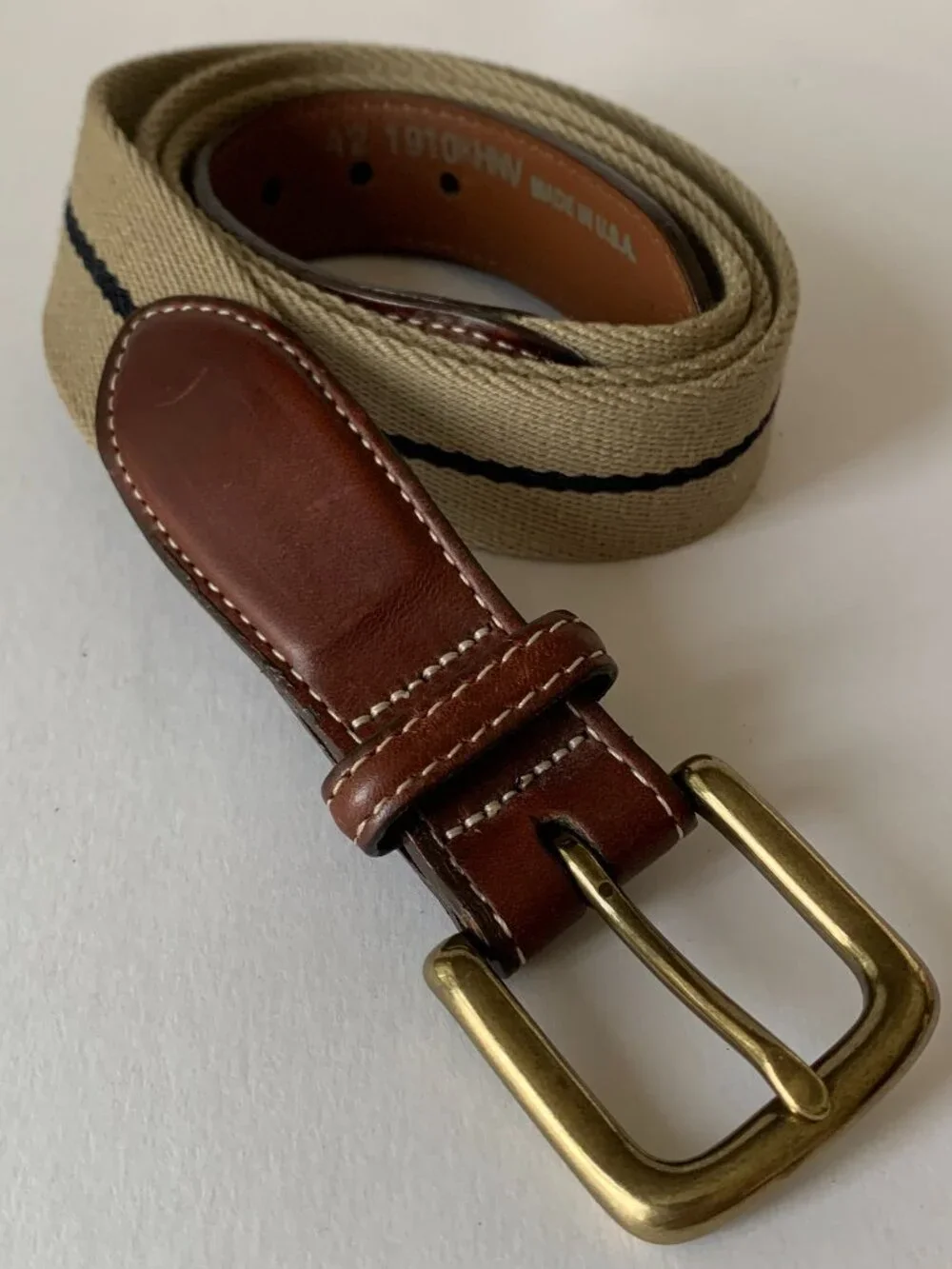 Cutter & Buck Canvas Belt Beige lack Stripe 1910KHNV – Solid Brass Buckle SZ 42